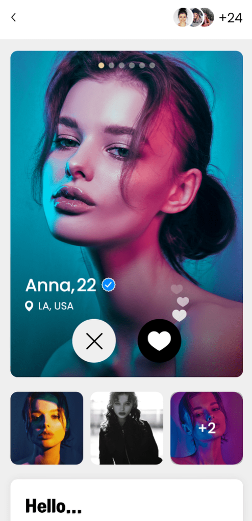 A clean mobile app interface showing high-quality user profiles and lifestyle photography in a warm, cream-toned UI layout